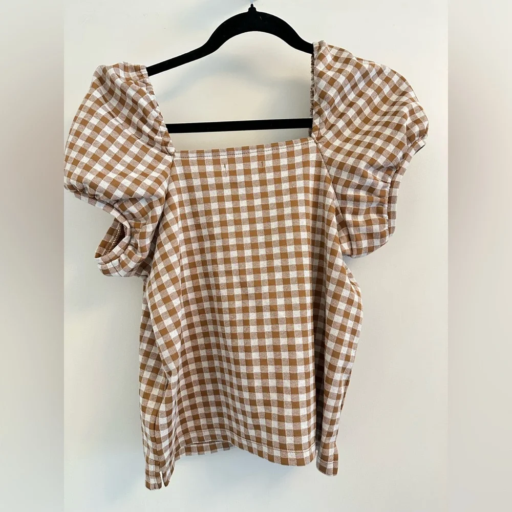 Madewell Cream and Brown Gingham Square-Neck Blouse